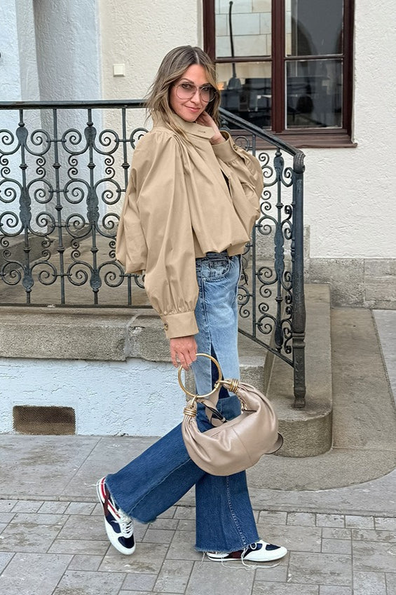 Loose Fit Khaki Puff Sleeve Jacket