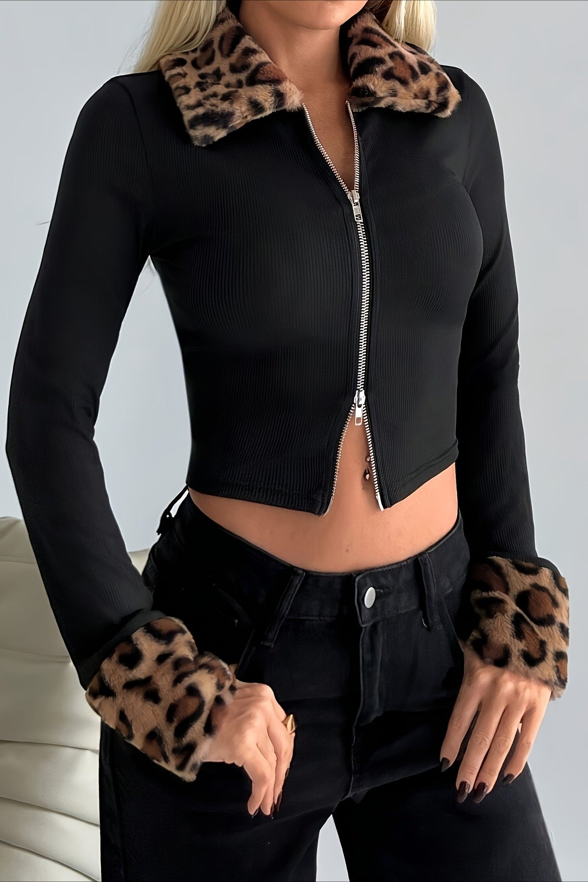 Fur Collar Leopard Print Double Zipper Knit Coat