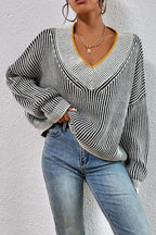 Striped Colorblock V-Neck Batwing Sweater