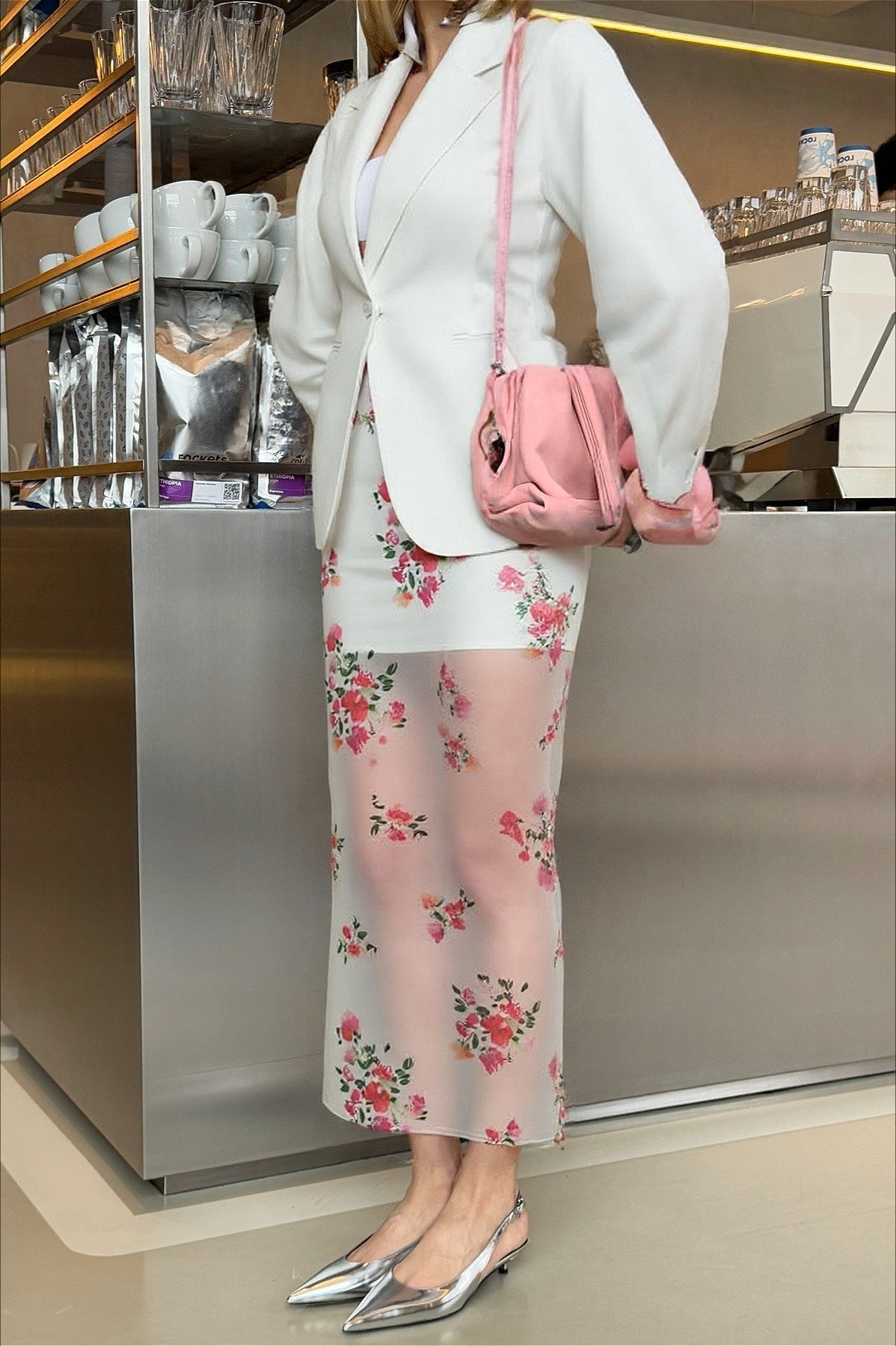 Floral Sheer High Waist Slit Straight Skirt