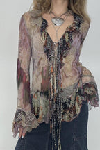 Vintage Print Contrast Mesh Tie Blouse