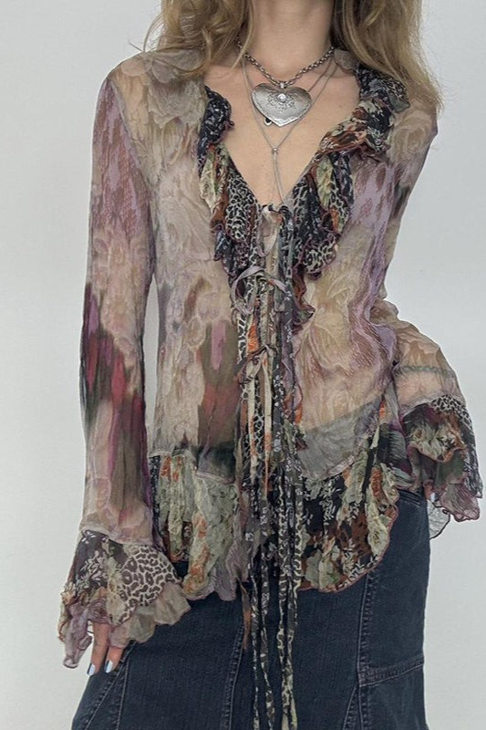 Vintage Print Contrast Mesh Tie Blouse