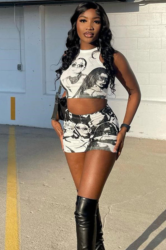 Sleeveless Crop Top Skirt Two Pieces Set