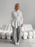 French Chic Long Sleeve Waist-Tied Blouse