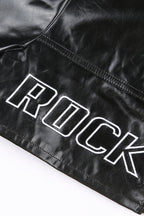 Embroidered Letter PU Leather Coat