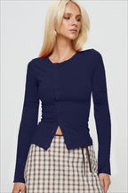 Buttoned Fitted Crew Neck Knit Sweater