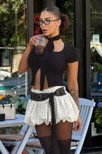 Lace Trim Polka Dot Low Waist Skirt