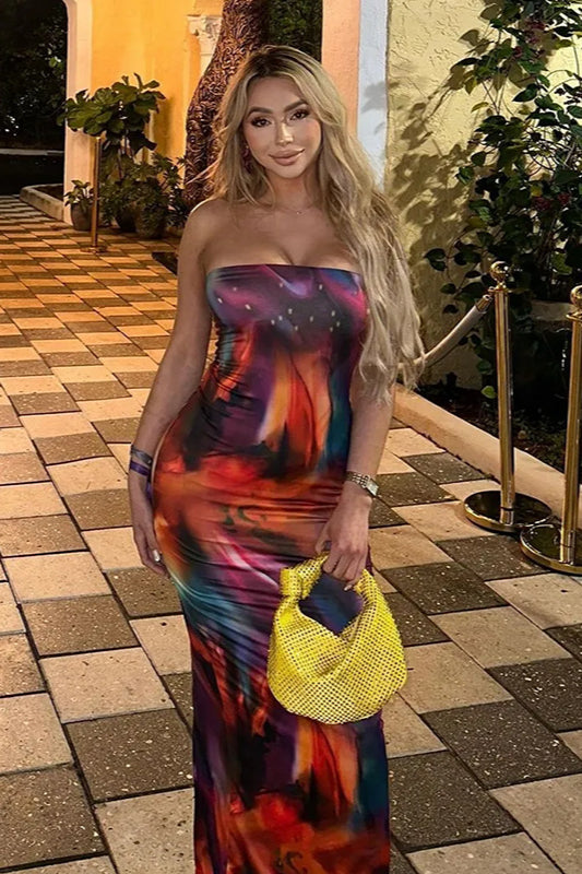 Colorful Ombre Print Strapless Bodycon Maxi Dress