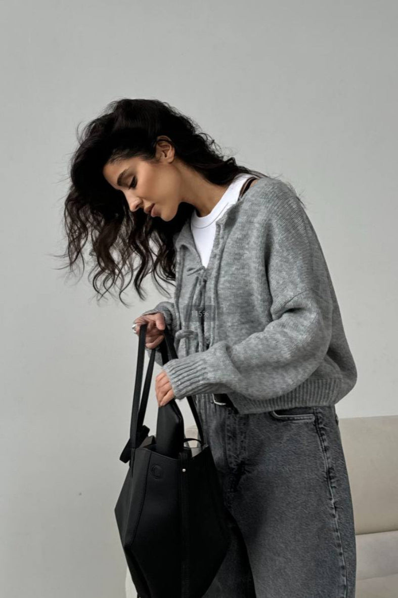 Solid Color Bow Tie Long Sleeve Knit Cardigan