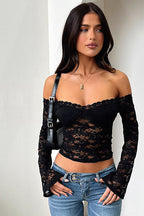 Sexy Bardot Sheer Lace Knit Top