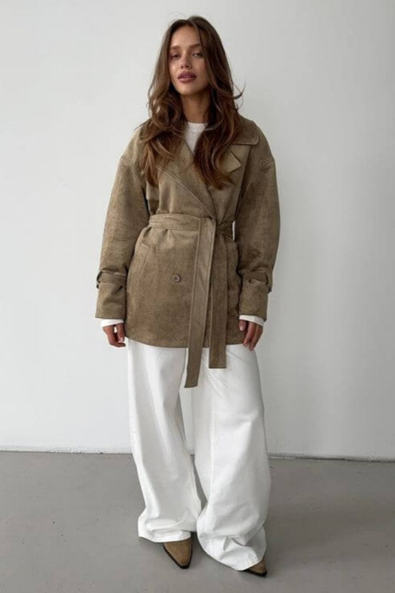 Vintage Suede Lapel Tie Waist Jacket Coat