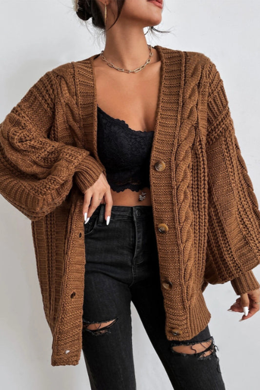 V-Neck Vintage Cable Knit Balloon Sleeve Cardigan