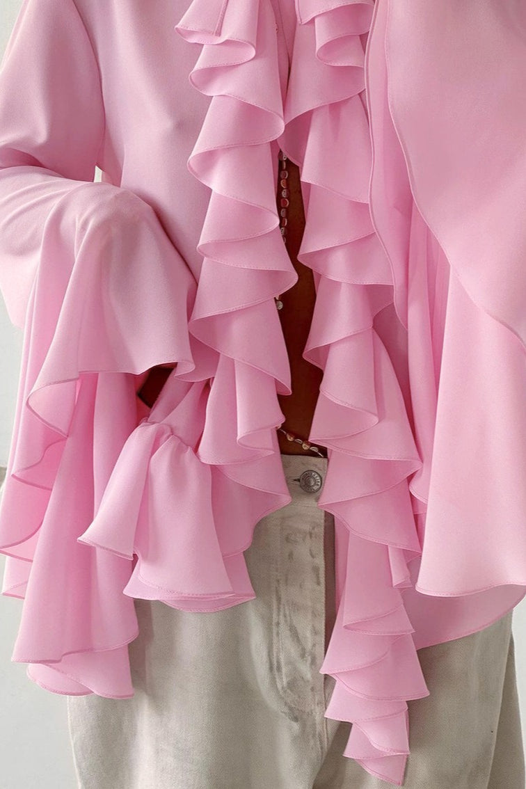 Elegant Ruffle Trim Button Blouse