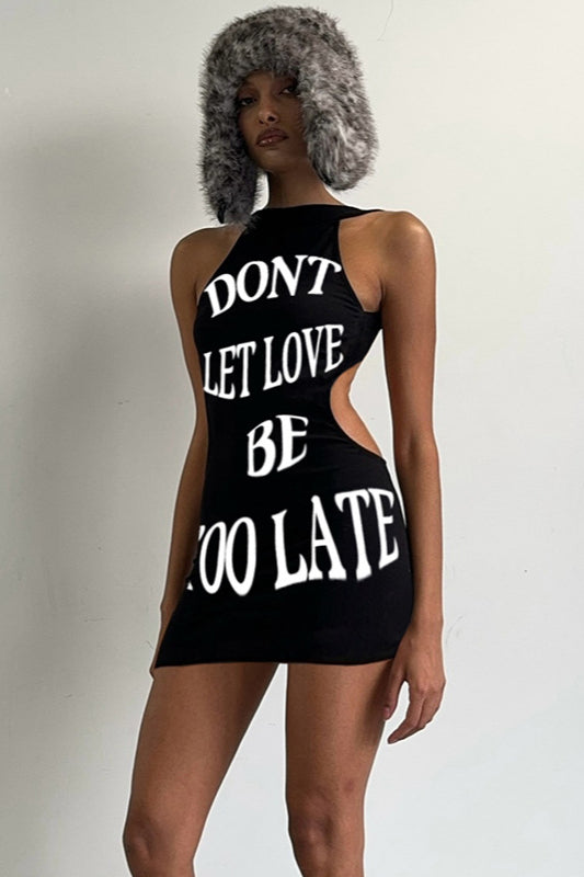Street Style Sexy Letter Print Cutout Bodycon Mini Dress