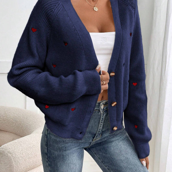 Heart Embroidery V-Neck Knit Cardigan