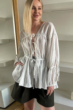 Loose Fit V-Neck Tie Long Sleeve Crop Top