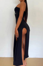 Y2K Hollow Waist Cross Rhinestone Strapless Maxi Dress