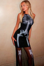 Color Block Skeleton Print Sleeveless Side Slit Maxi Dress