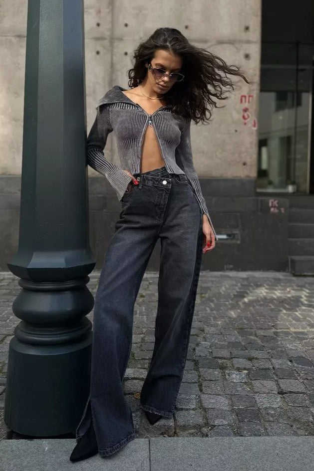 Off Shoulder Zipper Fitted Knit  Blouse