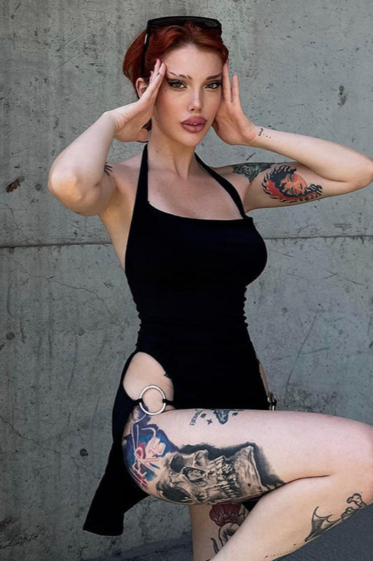 Solid Color Backless Halter Mini Dress