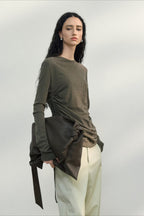 Fitted Textured Pleated Cotton Linen Knit Sweater