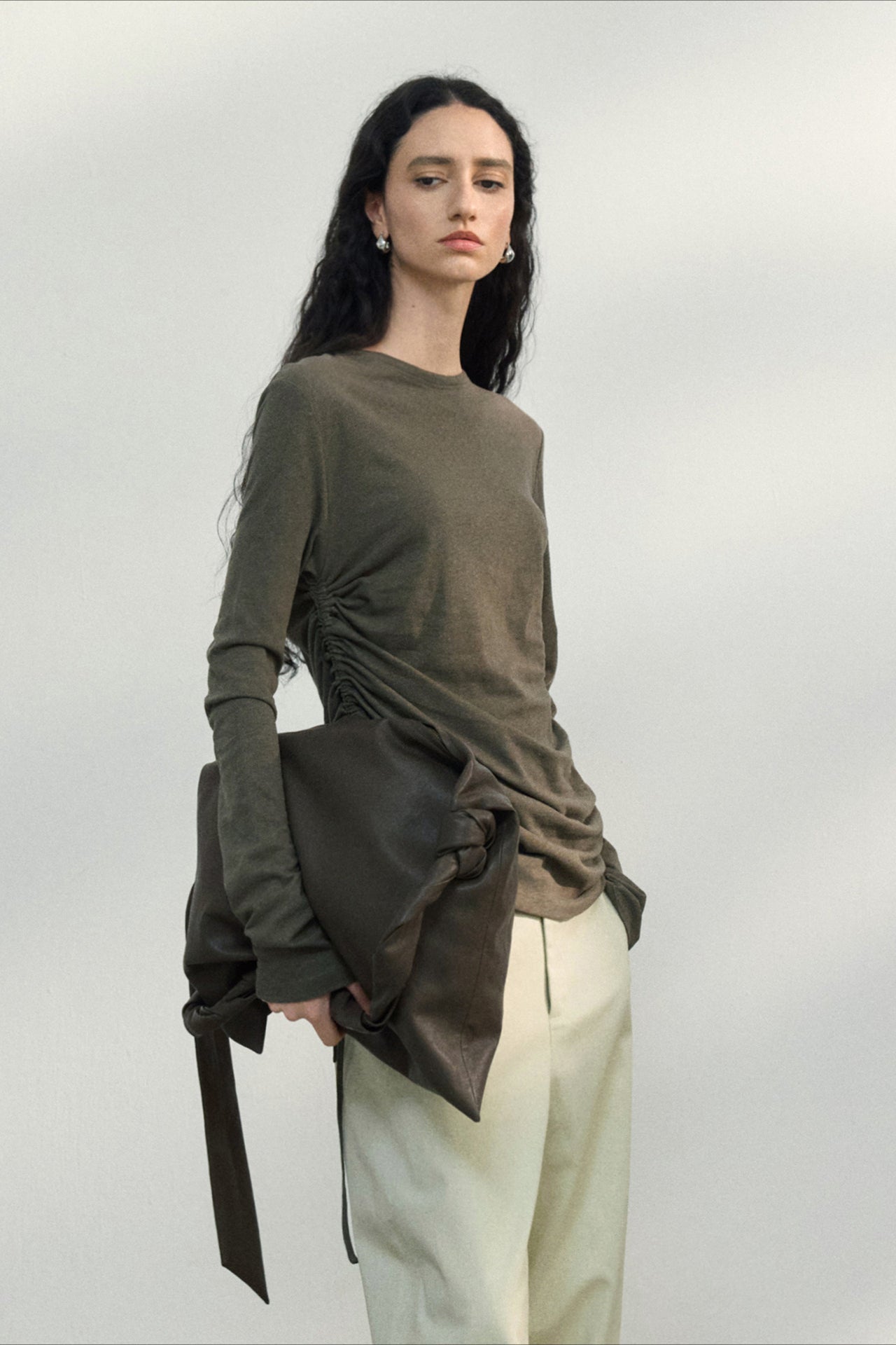 Fitted Textured Pleated Cotton Linen Knit Sweater