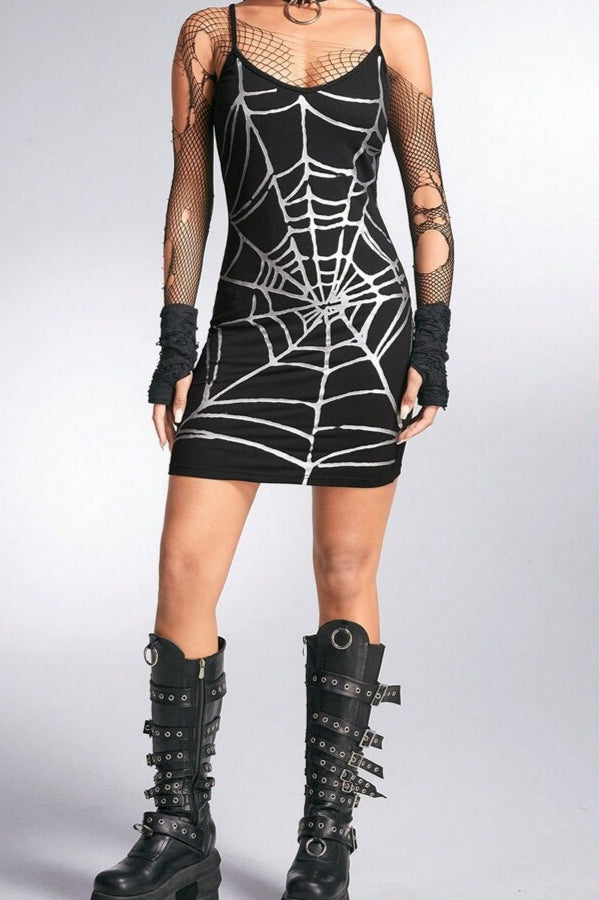 Sexy Strap Spider Print Mini Dress