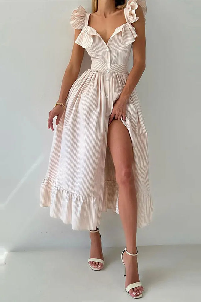 Ruffle Striped Square Collar Floral Dress