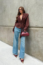 Vintage Wine Red Suede Tie-Waist V-Neck Coat