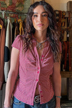 Vintage Red Plaid Polo Collar Button-Down Cropped Blouse