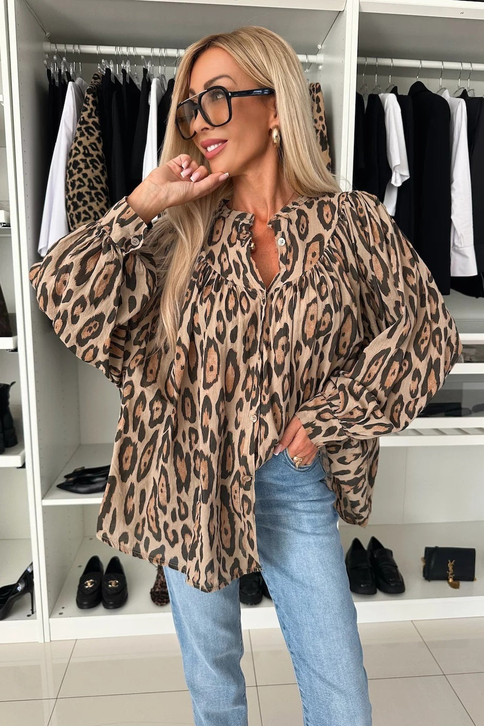 Leopard Print Loose Fit Long Sleeve Blouse
