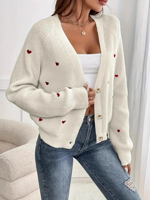 Heart Embroidery V-Neck Knit Cardigan