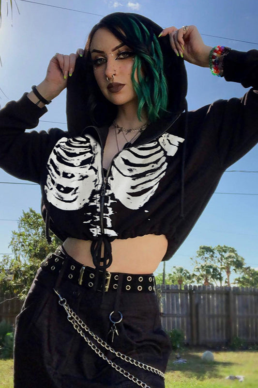 Punk Skeleton Print Cropped Hoodie