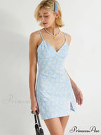 Dainty Ruched 3D Flower Cutout Split Sophisticated Trim Sleeveless Bodycon Mini Dress