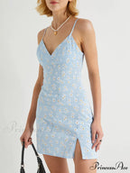 Dainty Ruched 3D Flower Cutout Split Sophisticated Trim Sleeveless Bodycon Mini Dress