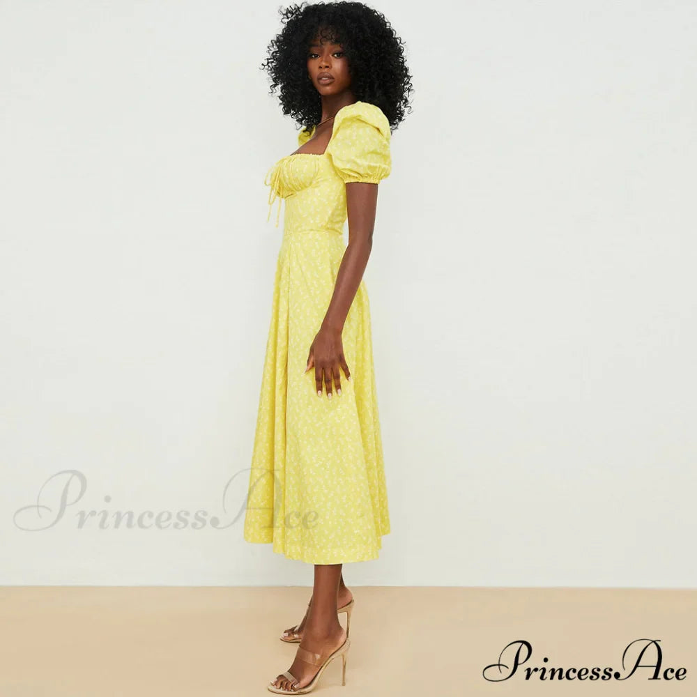 Daisy Printed Floss Strap Tied Classic Bustier Slip Maxi Dress