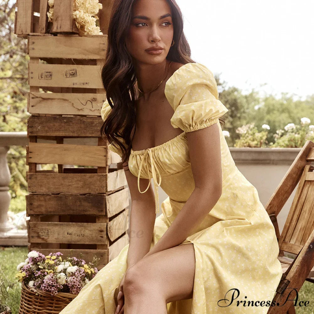 Daisy Printed Floss Strap Tied Classic Bustier Slip Maxi Dress