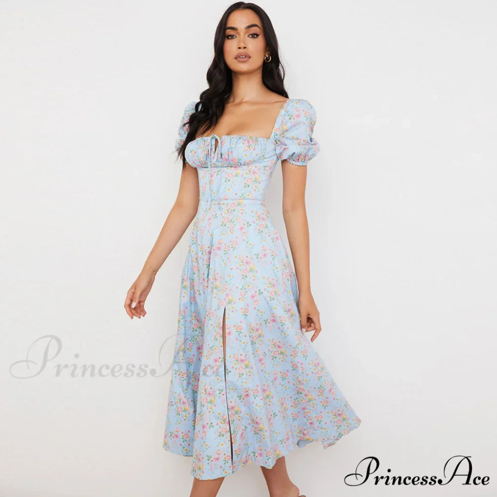 Daisy Printed Puff Sleeve High Classic Slit Smock Maxi Sundress - Green
