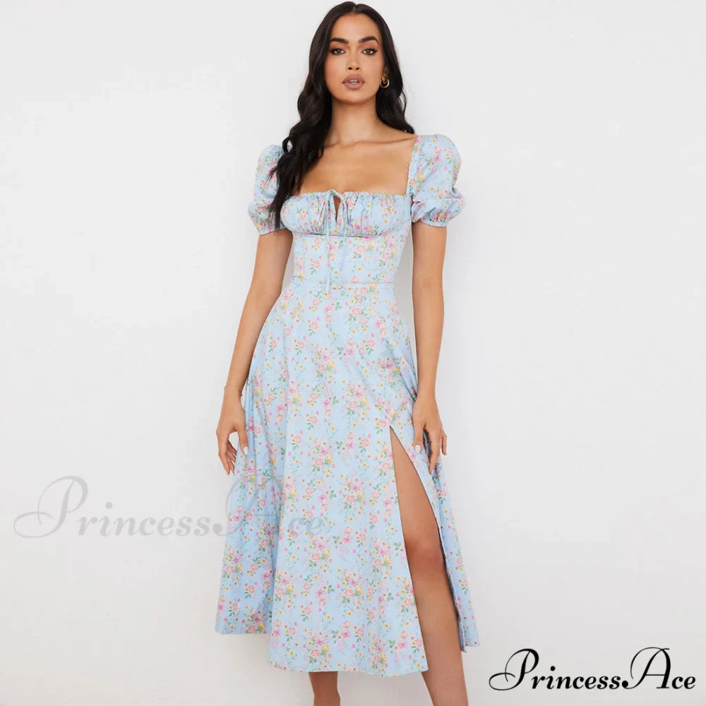 Daisy Printed Puff Sleeve High Classic Slit Smock Maxi Sundress - Green