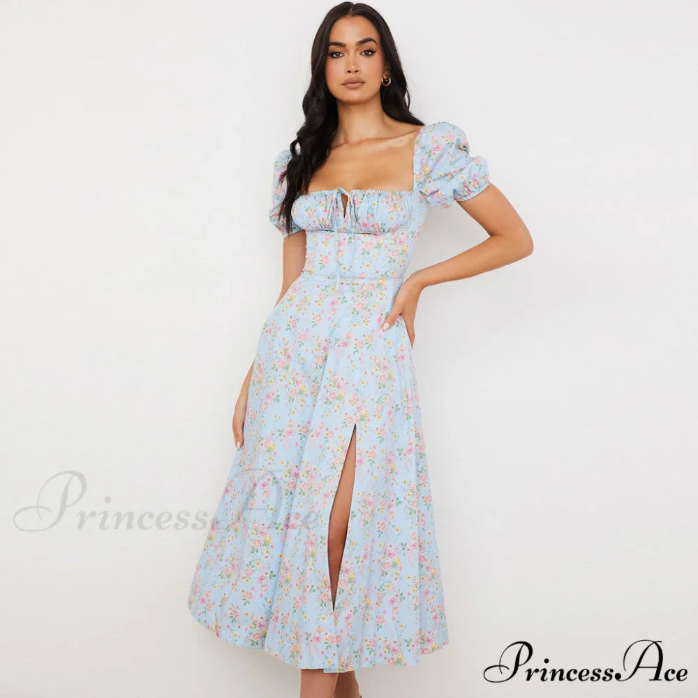 Daisy Printed Puff Sleeve High Classic Slit Smock Maxi Sundress - Green