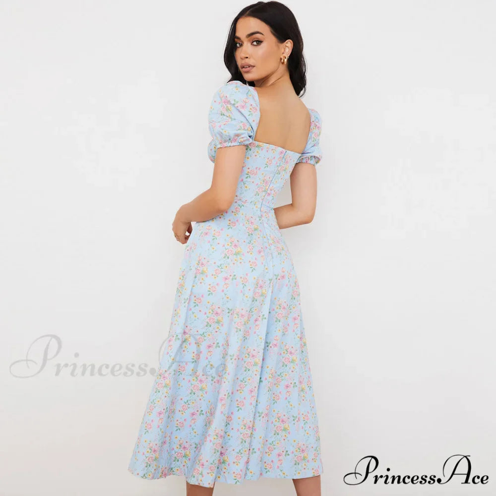 Daisy Printed Puff Sleeve High Classic Slit Smock Maxi Sundress - Green