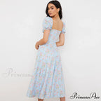 Daisy Printed Puff Sleeve High Classic Slit Smock Maxi Sundress - Green