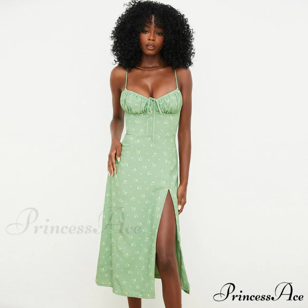 Daisy Printed Puff Sleeve High Classic Slit Smock Maxi Sundress - White