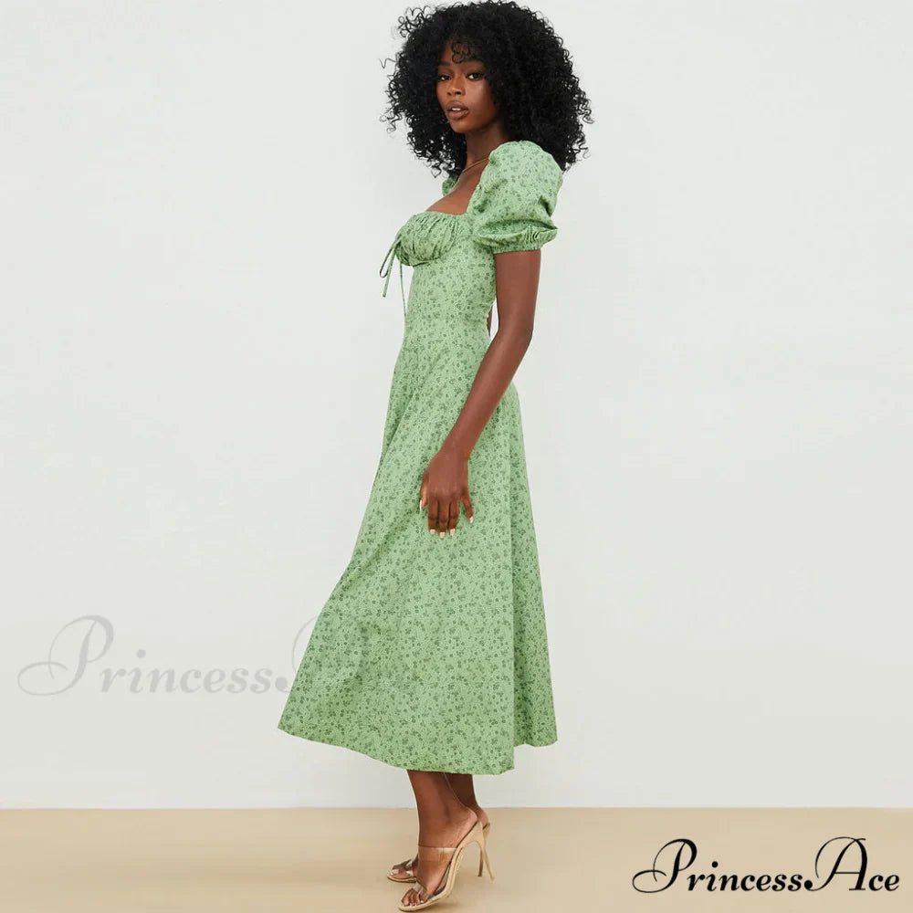 Daisy Printed Puff Sleeve High Slit Sophisticated Smock Maxi Sundress - Dark Yellow