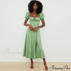 Daisy Printed Puff Sleeve High Slit Sophisticated Smock Maxi Sundress - Dark Yellow