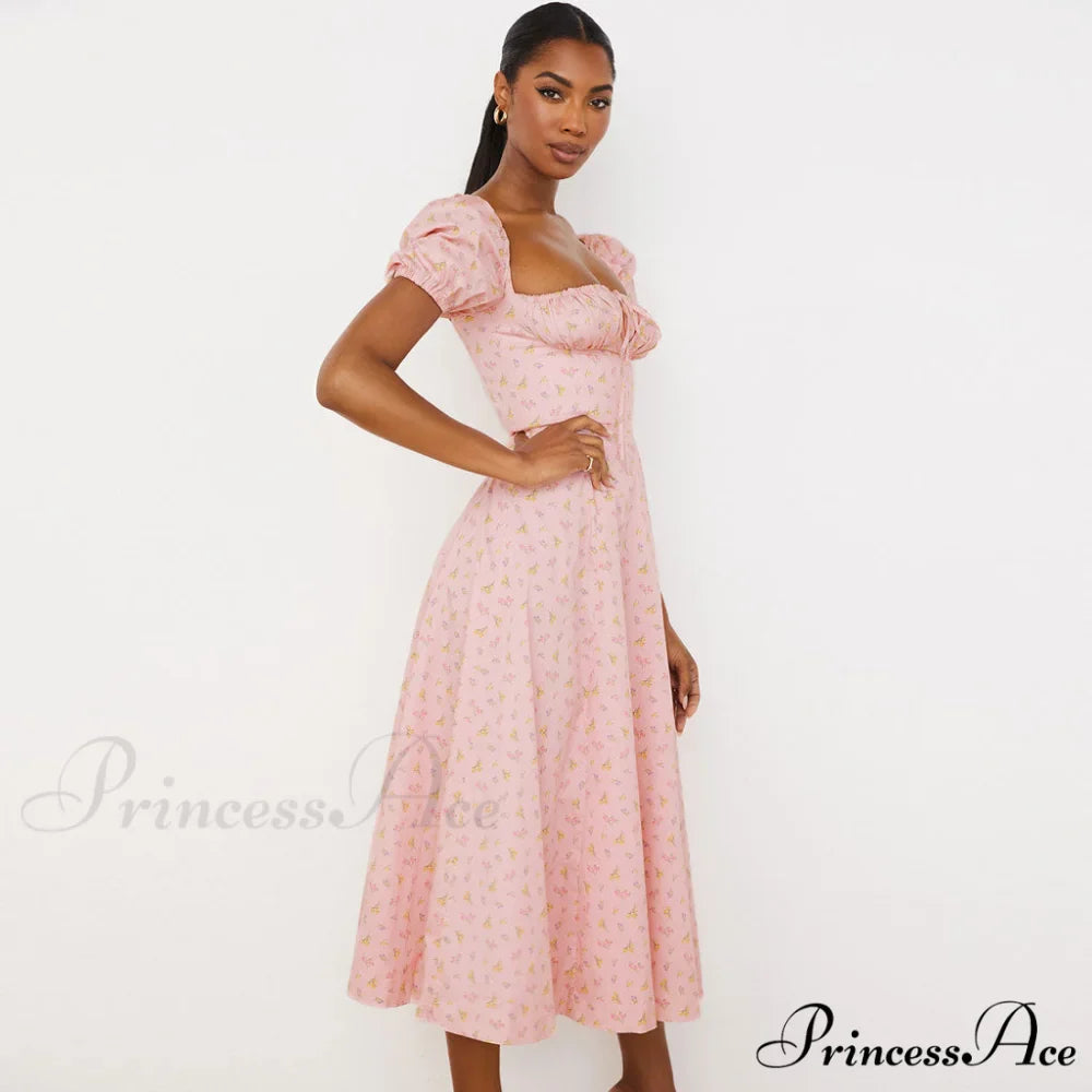 Daisy Printed Puff Sleeve High Slit Sophisticated Smock Maxi Sundress - Light Blue