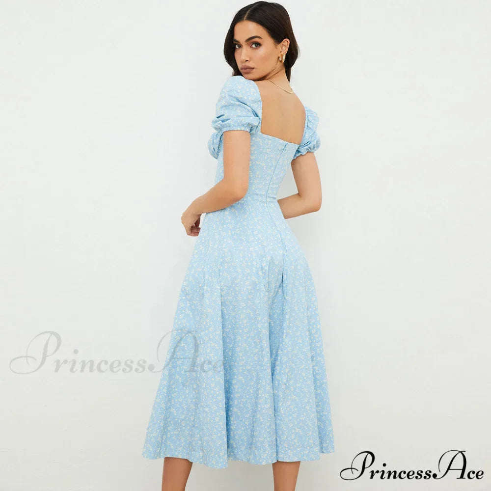 Daisy Printed Puff Sleeve High Slit Sophisticated Smock Maxi Sundress - Sage Green