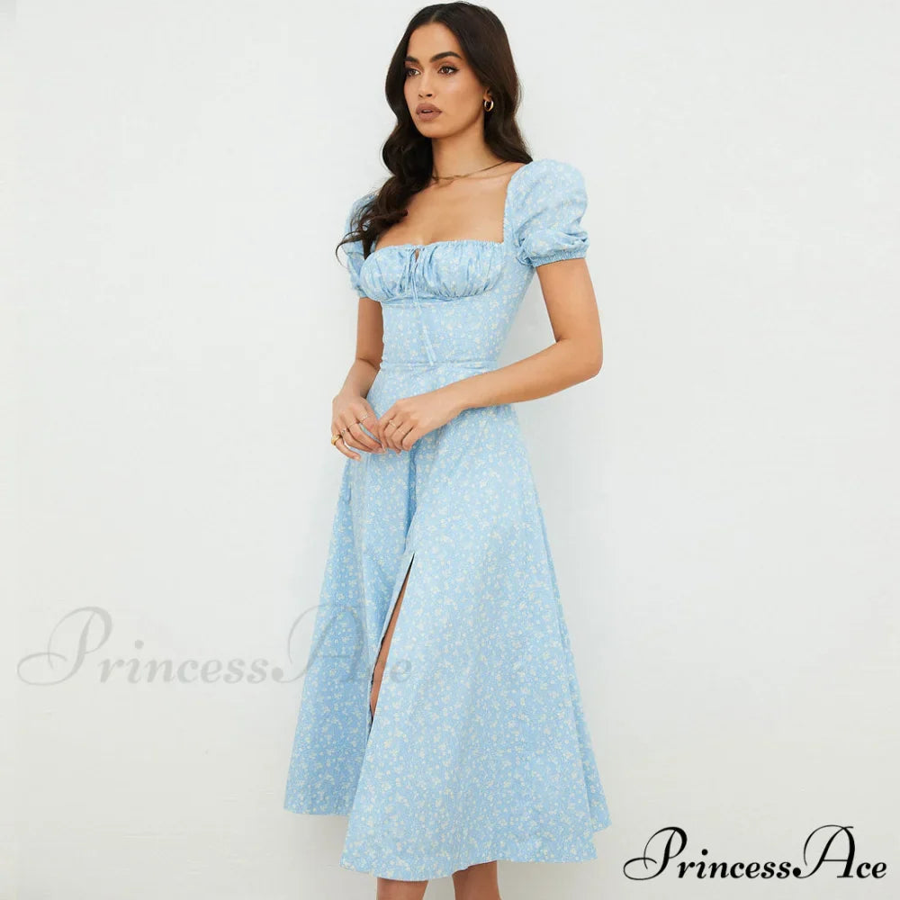 Daisy Printed Puff Sleeve High Slit Sophisticated Smock Maxi Sundress - Sage Green