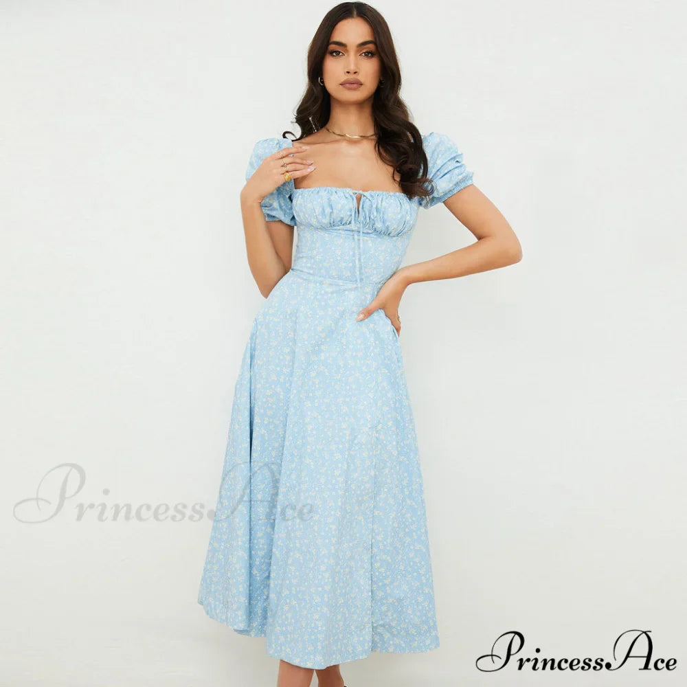 Daisy Printed Puff Sleeve High Slit Sophisticated Smock Maxi Sundress - Sage Green