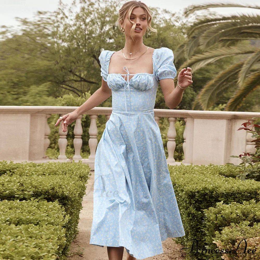 Daisy Printed Puff Sleeve High Slit Sophisticated Smock Maxi Sundress - Sage Green